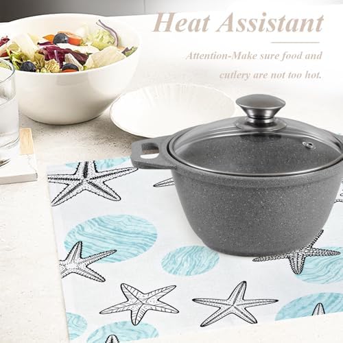 Shrahala Coastal Nautical Set of 8 12 X 18 Inch Linen Placemats, Circles Starfish Blue White Marine Theme Burlap Table Mat Washable Double Layered Heat Insulation for Indoor/Outdoor