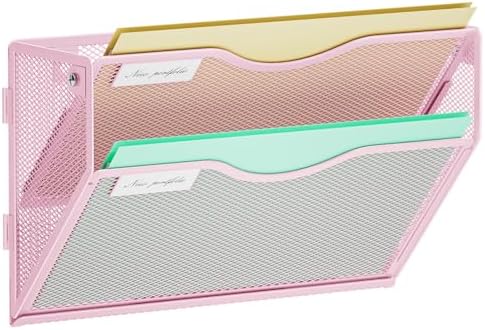 Marbrasse Wall File Holder 2-Tier Hanging Wall File Organizer, Mesh Mail Holder for Papers, Wall Mount File Clipboard & Magazine Organizer Great for Office Home (Pink)