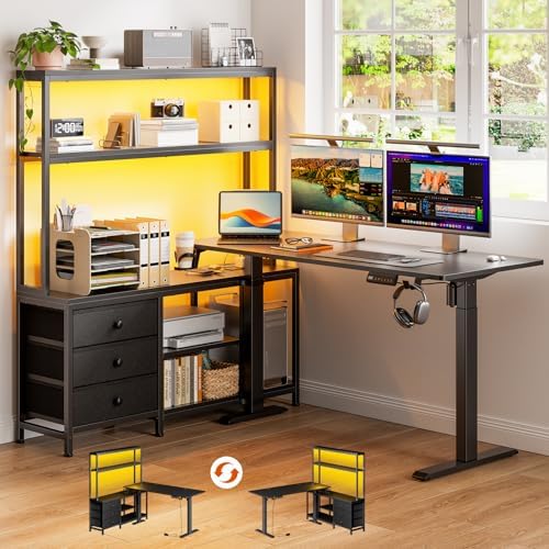 REAHOME 65Inch Black L Shaped Standing Desk with Drawers and Hutch