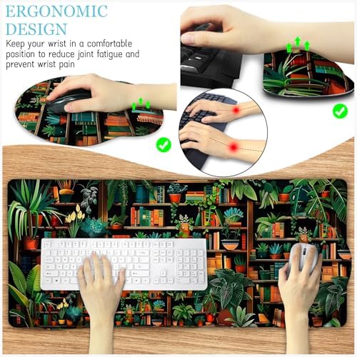 LIMKRIAN Bookshelf Mouse Pad with Wrist Rest, Plant Desk Mat Set Decor