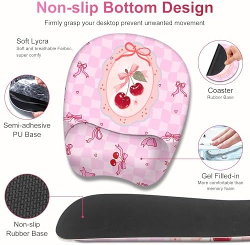 Cute Check Mouse Pad with Wrist Support 4 in1 Set, XXL Big Game Mousepad + Keyboard Wrist Rest + Mouse Wrist Rest Pad +Coaster Gaming Mat for Work Study Home Office I Pink Cherry & Bow Dream