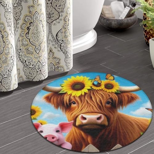 Soft Round Yoga Carpet, Office Chair Decor Round Mat for Carpet and Hardwood Floors Pig Sunflower Highland Cow