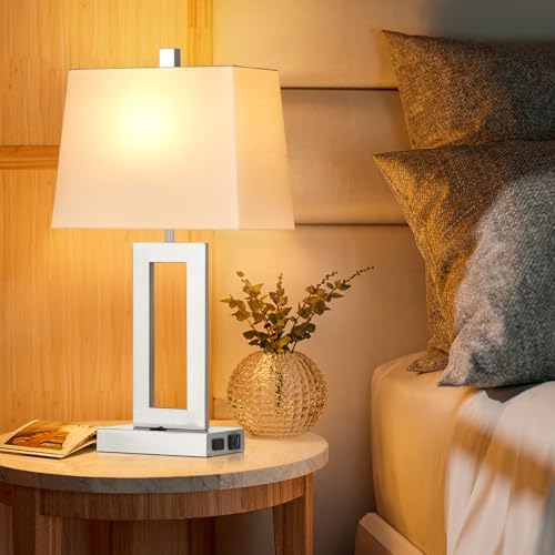 Cinkeda Silver Bedside Table Lamp Set of 2,Nightstand Lamps with USB Ports