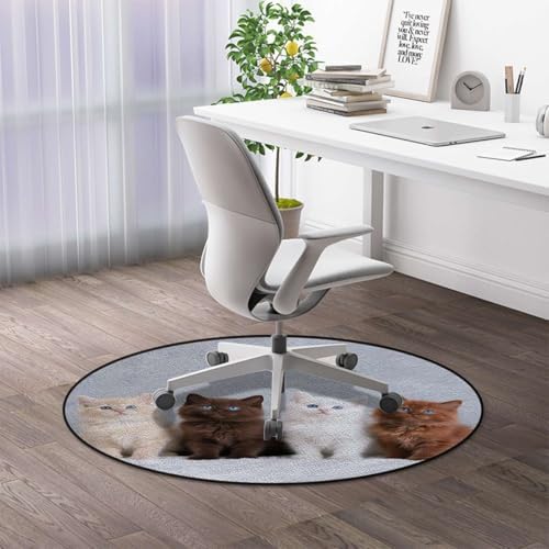 Four Kittens Blue Eyes Round Chair Mat, Portrait Cute Pet Anti-Slip Floor Protector for Gaming & Office Chairs, White Brown Diameter 59 in
