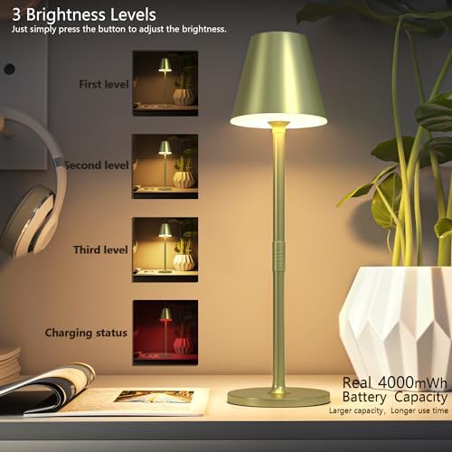 Timjorman 2-Pack Cordless Table Lamps - 5000mAh Rechargeable Battery Operated Desk Lamp, 3-Level Dimmable LED Night Light for Bedroom, Dining, Restaurant - Metal Design (Champagne Gold 2Pack)