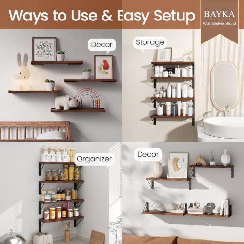 BAYKA Wall Mounted Floating Shelves (Rustic Brown, Set of 4, 16" Uniform)