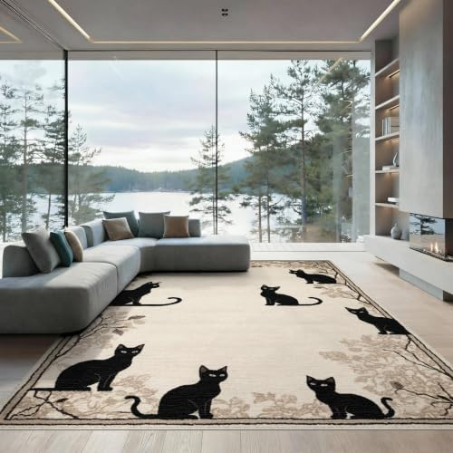 9'x12' Black Cat Taupe Design with Motifs Washable Area Rug