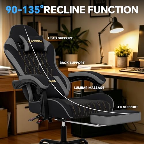 Breathable Fabric Gaming Chair with Footrest, Ergonomic High Back Computer Chair with Gold Diamond Stitching, Height Adjustable Swivel Office Chair with Lumbar Support for Adults,BlackGrey