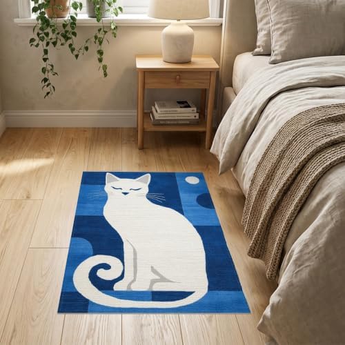 2'x3' Blue White Cat Sapphire Design Washable Accent Rug