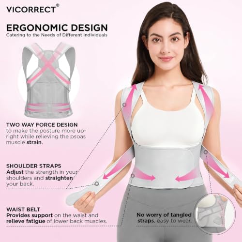 Vicorrect Posture Corrector for Women and Men: Adjustable Back Brace for Upper Back Support - Shoulder Neck Pain Relief - Lightweight Breathable Design (Gray Large)