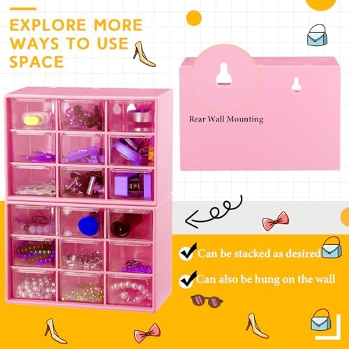 Wenqik 2 Pcs Mini Storage Drawers with 9 Clear Drawers, Rose Red