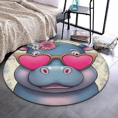 Large Machine Washable Circular Rugs, Home Decor Round Mat for Living Room Sofa Office Hippo with Heart Glasses
