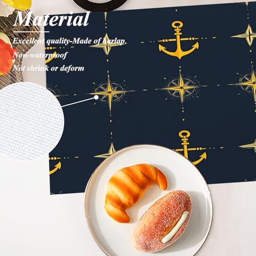 Shrahala Maritime Sea Sailing Symbols Set of 4 12 X 18 Inch Linen Placemats, Navy Blue Nautical Seamless Pattern Burlap Table Mat Washable Double Layered Heat Insulation for Indoor/Outdoor