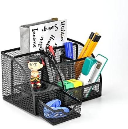 Desk Organizer Stationery Storage, Pencil Holder for Desk, Wire Mesh Office Supplies Journals Notebooks Organizers with 7 Compartments and Mini Drawer (Black)