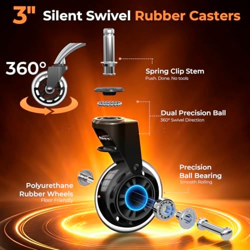 Office Chair Wheels for Casters Replacement - 3" Rubber Wheels for Computer Gaming Desk Caster Smooth & Safe Rolling for All Floors Including Hardwood and Carpet - Set of 5 - Modern