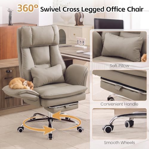 HUBSON Big and Tall Office Chair, Flip Armrest & Footrest for Pets, Khaki