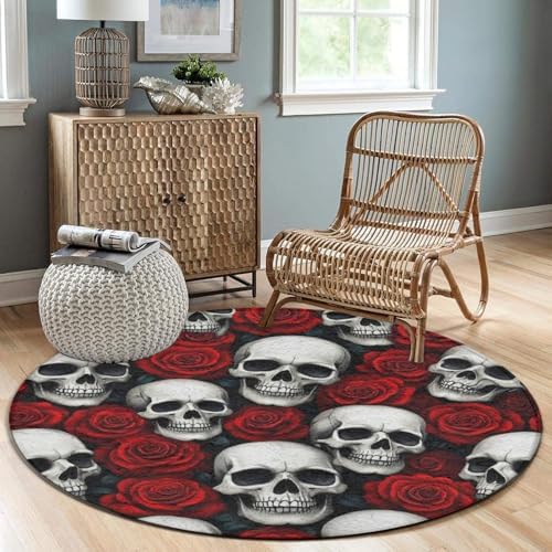 Large Home Decor Mat, Soft Round Yoga Carpet, Non Slip Machine Washable Home Office Circle Rug Floral Horror Rose Skull