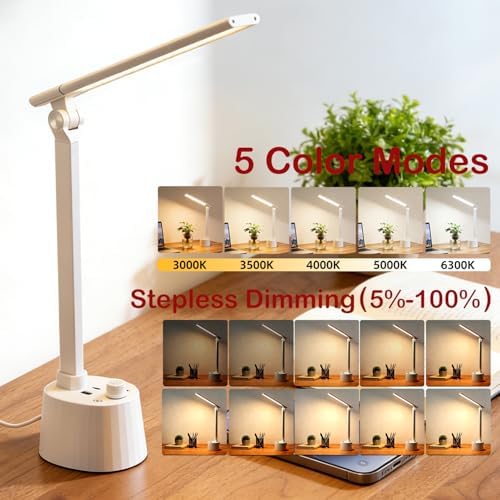 BOHON Small Desk Lamp with USB C Charging Port 5 Colors Stepless Dim White
