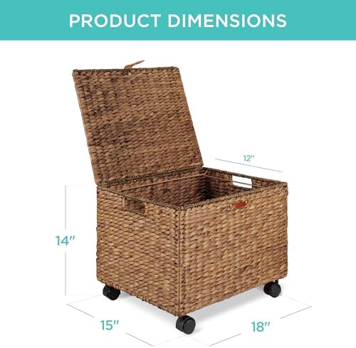 Best Choice Products Handwoven Water Hyacinth Rolling Filing Cabinet, Mobile File Organizer for Hanging Folders W/Lid and Locking Wheels For Home or Office – Chestnut