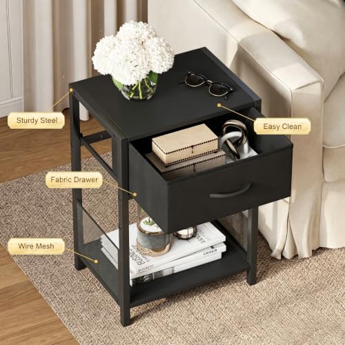 YAUKOMEL Nightstand Set of 2 with Fabric Drawer, Black Bedside Table