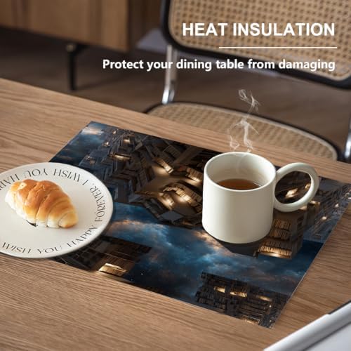 Infinite Library Nebula Shelves Placemats, Floating Books Cosmic Backdrop Place Mats for Dining/Kitchen Table Waterproof Washable Linen Heat Insulation Dinner Table Mats 12X18 in 6 Pcs