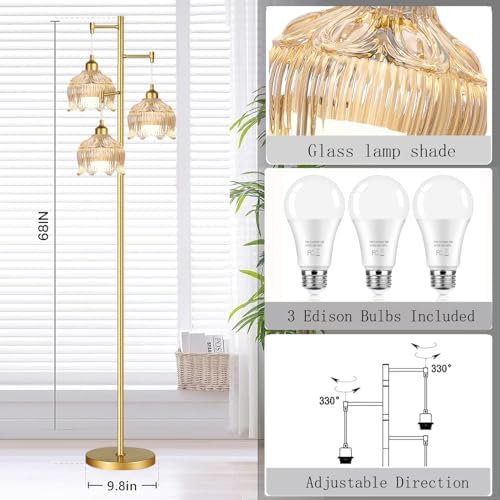 ZECOXOL Gold Floor Lamps for Living Room 3 Lights Floor Lamp with Glass Lampshape & Three Led Bulb,Mid Century Standing Lamp Vintage Brass Tall Lamp Tree Floor Lamp for Bedroom Corner