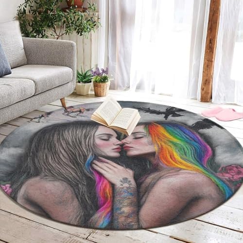 Room Sofa Yoga Soft Round Carpet, Home Decor Non Slip Kitchen Office Circle Rug, Machine Washable Modern Round Area Rug Goth Gothic Girl Lace Love LGBT Lesbian Pride, 24inch