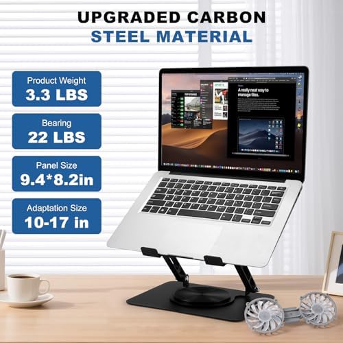 Laptop Cooling Stand with 2 Detachable Fans, 360° Rotating Adjustable Laptop Stand, Carbon Steel Ergonomic Laptop Riser, Anti-Slip Base for 10-17.3" Notebook MacBook, Office Home Gaming
