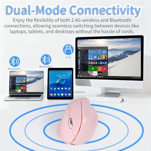 Bluetooth Wireless Vertical Mouse - Ergonomic Design, Rechargeable with Type-C, Silent Operation for Office and Home Use, Ideal for Professionals & Students (Pink)