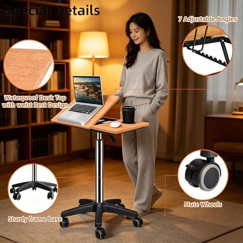 wishacc Large Rolling Desk Adjustable Height with Drawers, Mobile Standing Desk on Wheels, Portable Computer Workstation, White Sit to Stand Desk with Cup Holder & Storage for Home Office (Large)