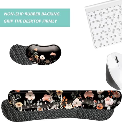 Keyboard Wrist Rest Mouse Wrist Support Set, Memory Foam Wrist Rest Pad for Computer Laptop Keyboard Mouse, Ergonomic Wrist Cushion Support for Typing Pain Relief, Gaming Home Office, Flower Black