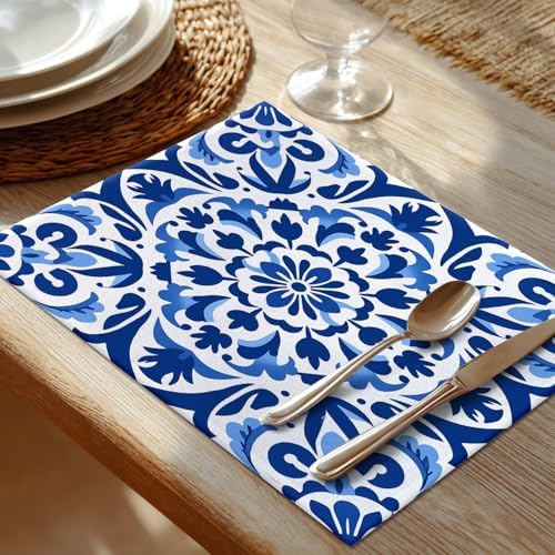 Shrahala Blue White Set of 8 12 X 18 Inch Linen Placemats, Delicate Floral Burlap Table Mat Washable Double Layered Heat Insulation for Indoor/Outdoor