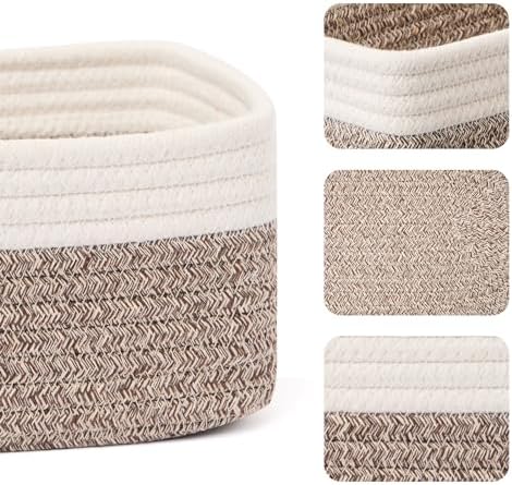 MiniArk Small Storage Baskets for Organizing | Closet Organizer Bins | Shelf Toy Basket | Woven Rope Baskets | Cube Decorative Box | Shallow Basket | 11.5x7.5x4.7” | 3 Packs White Brown