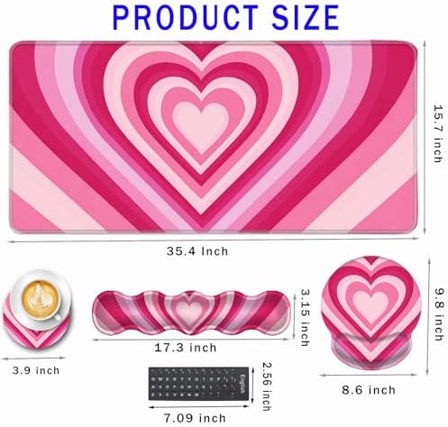 Mouse Pad,Large Pink Desk Mat, 4in1 XXL Mousepad + Keyboard Wrist Rest+Mouse Wrist Rest+Coaster Set with Ergonomic Desk Pad for Home Office Table Computer-Heart Pink