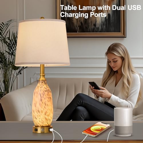 AIDENOEY 26" Modern Art Glass Table & Bedside Lamp, Stepless Dimmable Base + Dimmable 3-Color Light, USB A/C Charging Ports, Touch Control & Switch for Bedroom, Living Room, Office, Study