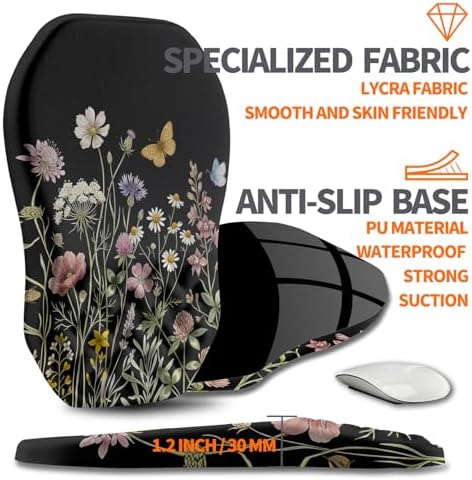 Ergonomic Slope Mouse Pad Wrist Support, Wrist Rest Mousepad for Carpal Tunnel Pain Relief with Massage Bulge and Slow Rebound Memory Foam (12x8 inch, Butterfly and Flower)