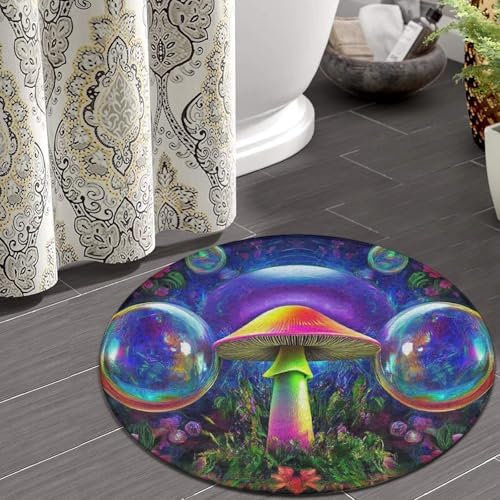 Home Decor Non Slip Kitchen Office Circle Rug, Machine Washable Modern Round Area Rug, Room Sofa Yoga Soft Round Carpet Trippy Magic Mushrooms Art, 60inch