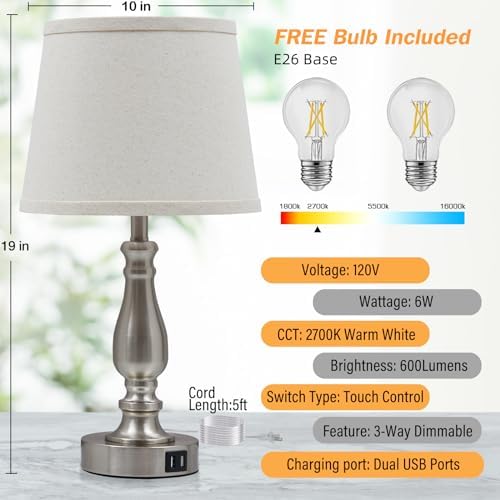 EJIAXIN Lamps for Bedrooms Set of 2, Brushed Nickel Bedside Lamps with USB C+A Ports,Dimmable Nightstand Lamps with Fabric Lampshade, Touch Table Lamp for Living Room Bedroom Office, Bulbs Included
