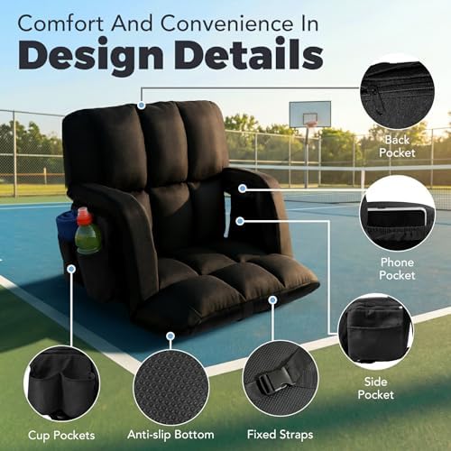 Stadium Seats with Back Support Wide, 4.7" Padded Bleacher Seat, 6-Position Reclining Bleacher Chairs with Back and Cushion, Sofa Style Ergonomic Design for Sports Games Baseball Football (22.5"Black)