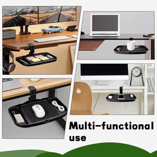 Clamp-on Mouse Tray Under Desk, Height Adjustable Under Desk 360° Rotating Tray Rest Extension Attachment, Clamp-on Mouse Pad Holder Platform with Storage Compartments (Black)