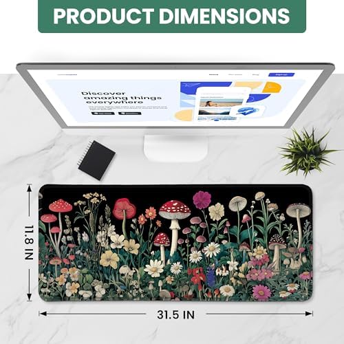Aesthetic Desk Mat, Cute Woodland Mushroom Desk Pad Protector for Work & Decor, 31.5" x 11.8", Pretty Non-Slip Extended Mouse Pad for Office or Home