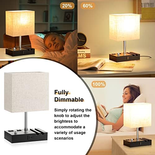 Beige Bedside Table Lamps Set of 2 - Dimmable, USB C+A, 2 AC Outlets