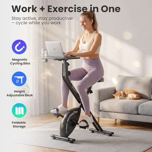 WALKINGDESK Exercise Bike Desk - Adjustable Pedal Desk with Foldable Design, Quiet 8-Level Magnetic Resistance, Laptop Tray, iPad Holder & Cup Holder for Home Office Workstation