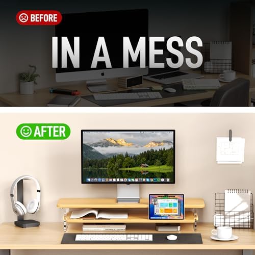 Bamboo Dual Monitor Stand for Desk,31.5 In 2 Tier Computer Riser Organizer