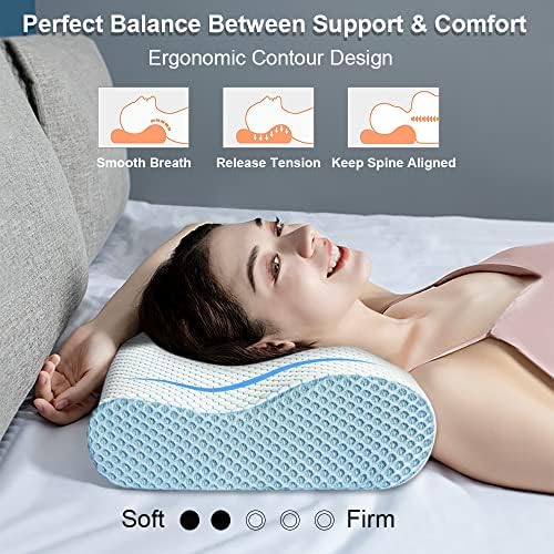 Anvo Memory Foam Pillow, Neck Contour Cervical Orthopedic Bed Pillow for Sleeping Side Back Stomach Sleeper, Ergonomic Design for Neck and Shoulder Pain Relief, Blue White, Soft