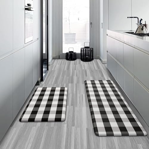 MAYHMYO Cushioned Kitchen Mats for Floor,Anti Fatigue Buffalo Plaid Mat 2PC
