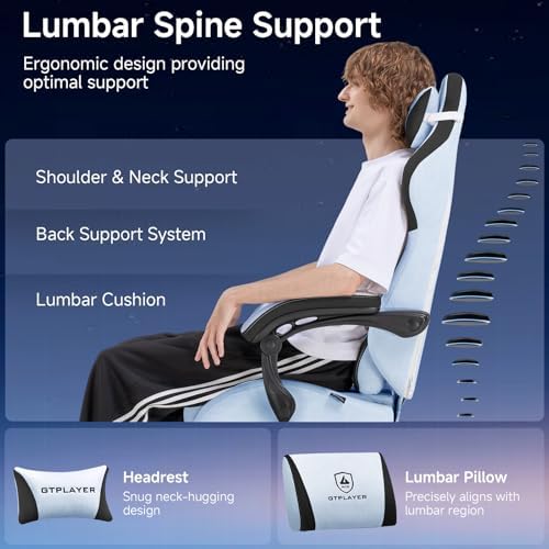 GTPLAYER Gaming Chair Fabric with Pocket Spring Cushion, High Back Ergonomic Computer Chair with Footrest for Adults Lumbar Support Swivel Game Chair for Office Gaming 350LBS, Light Blue