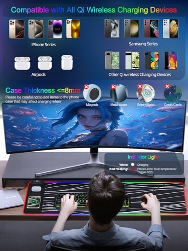 XXL Mouse Pad with Phone Holder - Black, RGB Desk Mat with 15W Fast Charging, LED Gaming Mousepad with 11 Light Colors, Waterproof Non-Slip Pad for Office & Home (Wave)