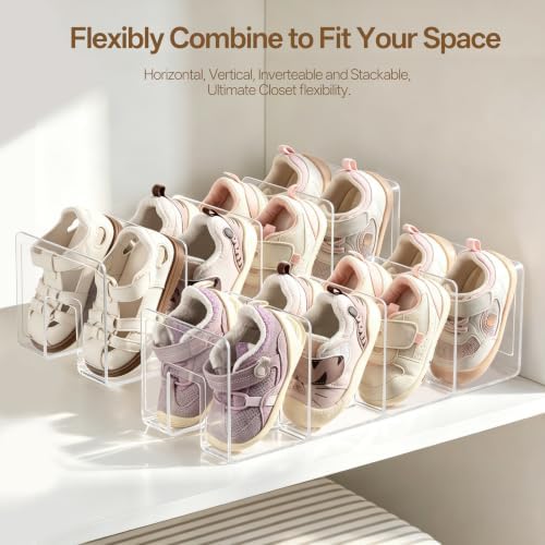 HBlife Widened 3.94 Inch Clear Acrylic Kids Shoe Rack for Closet Organizers and Storage, Small Shoe Rack 4 Sections Toddler Baby Shoe Storage Organizer Shelf, Desk File Book Purse Organizer (2 Pack)