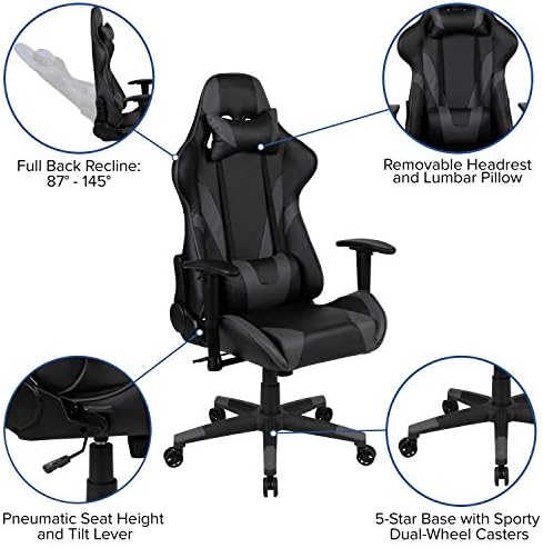 Flash Furniture X20 Gaming Chair Racing Office Ergonomic Computer PC Adjustable Swivel Chair with Fully Reclining Back in Gray LeatherSoft